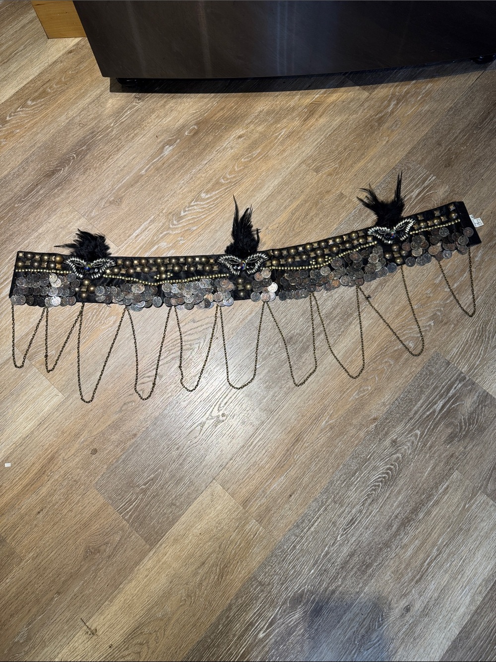 Black Beaded Coin Fringe Belly Belt with Feather Accents